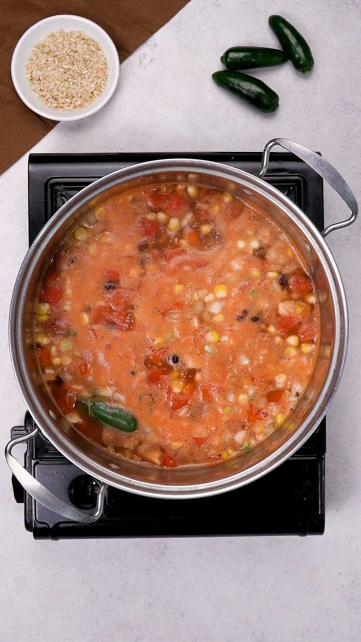 Tomato-coloured Mexican soup recipe simmering in a pot.
