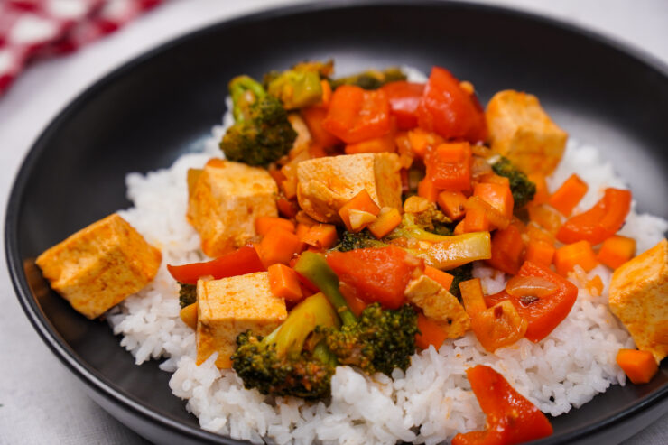 Korean Vegetable and Tofu Stir Fry Over Rice